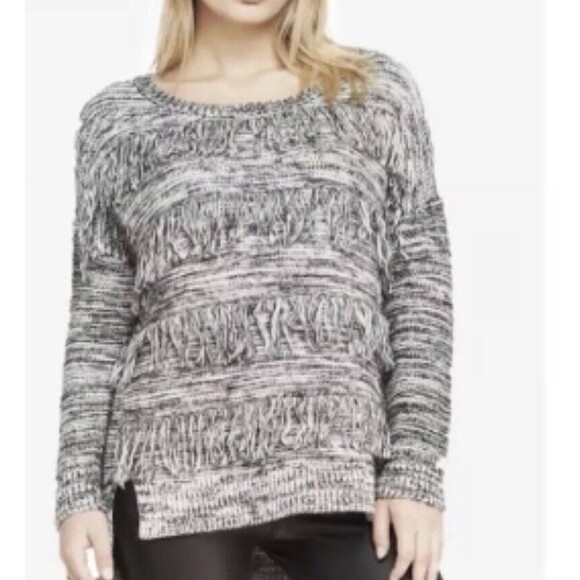 Express Womens Fringe Sweater Gray Tunic Size S Marled Chunky Knit Black White - Picture 2 of 16
